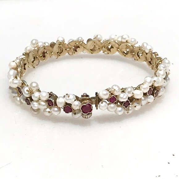 Austro Hungarian AAA Ruby Pearl Gilded Sterling Silver Bracelet Rare Antique 925 - Picture 10 of 10